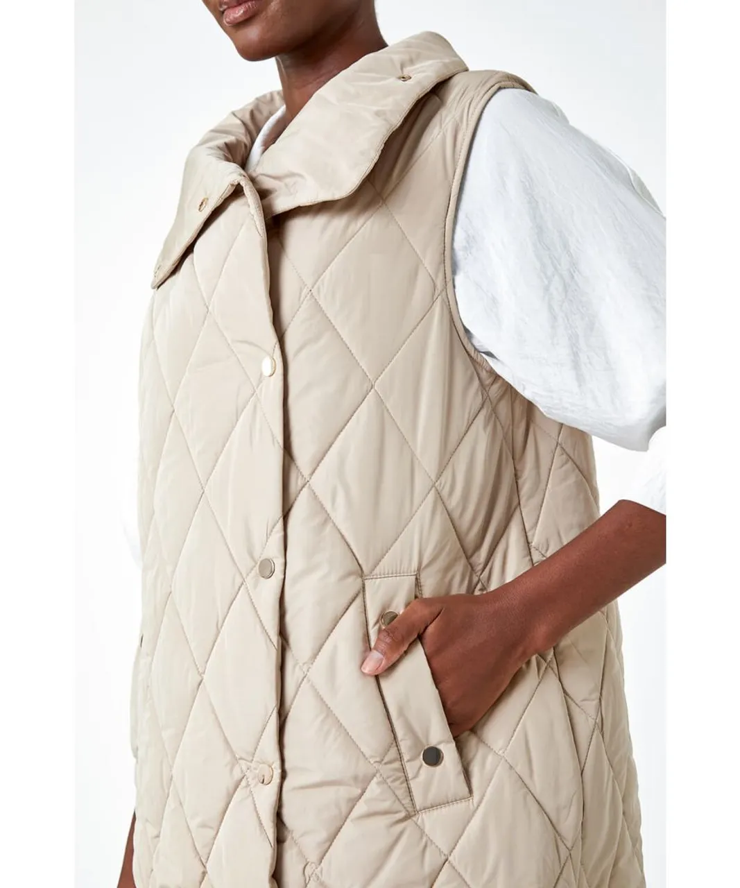 Roman Womens Quilted High Neck Longline Gilet - Natural