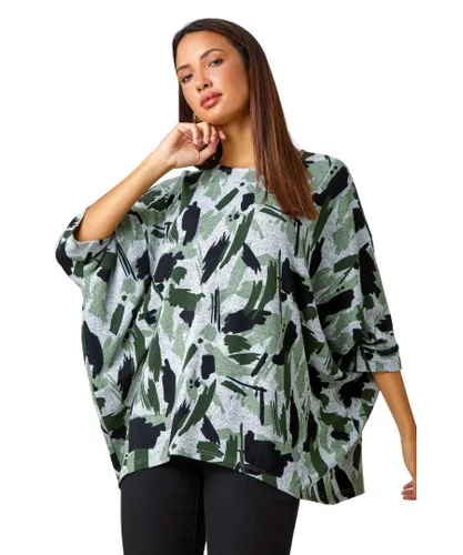 Roman Womens Relaxed Abstract Print Stretch Top - Khaki