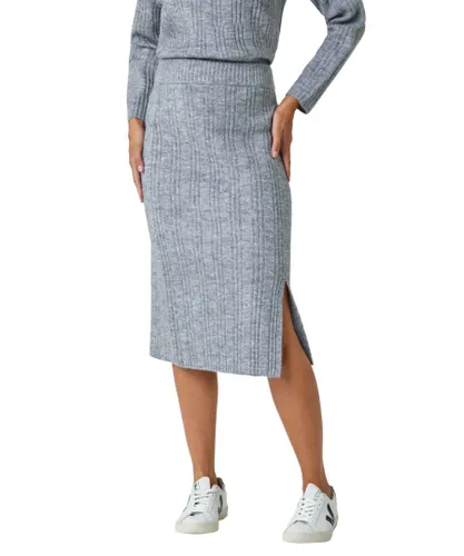 Roman Womens Ribbed Side Split Knit Pencil Skirt - Grey