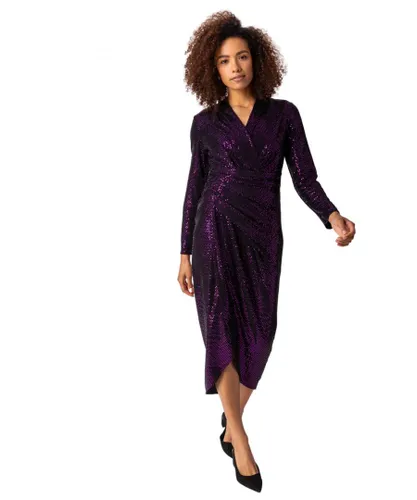 Roman Womens Sequin Embellished Ruched Wrap Dress - Purple