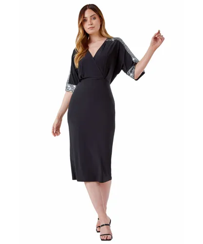 Roman Womens Sequin Sleeve Midi Dress - Black