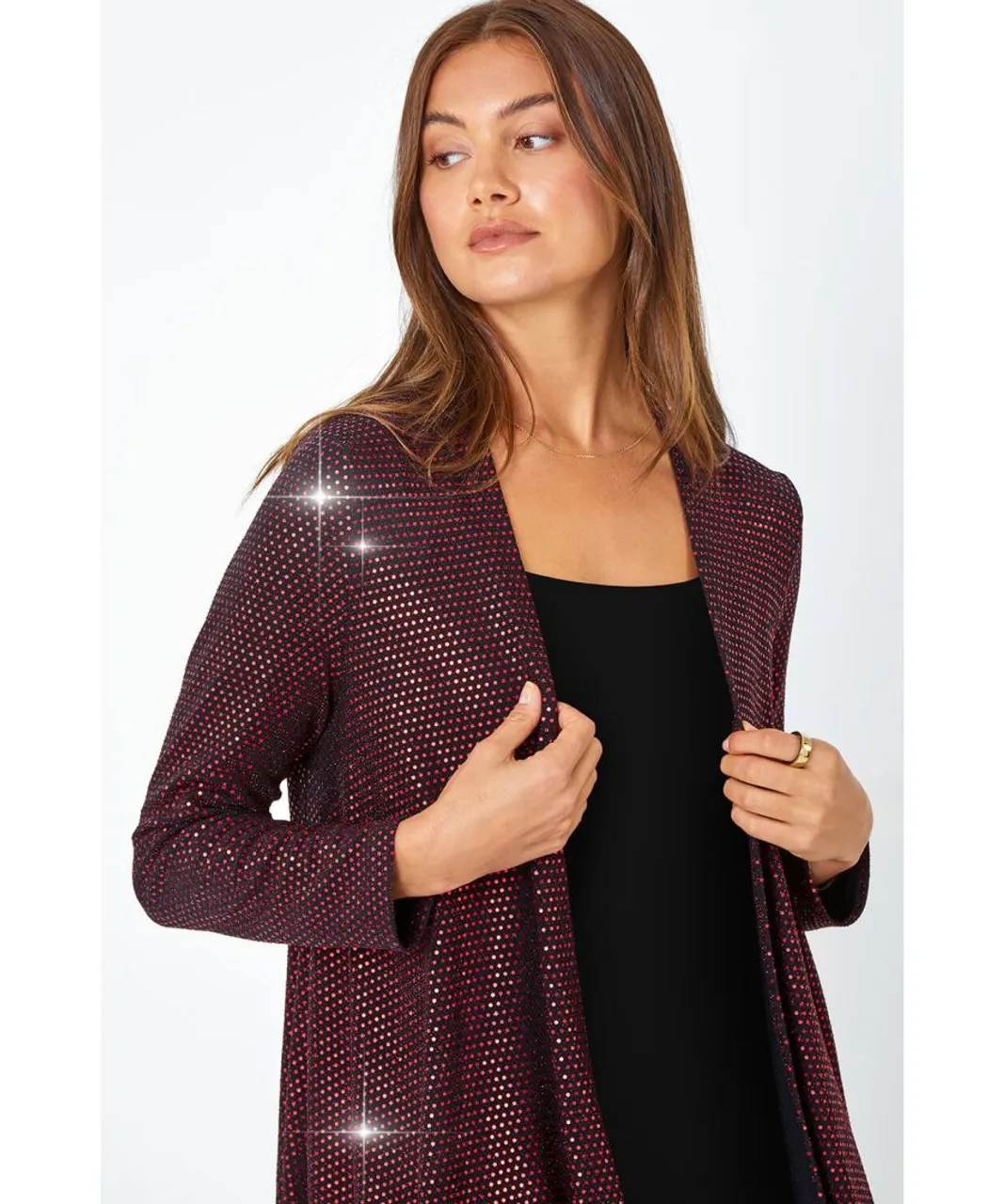 Roman Womens Sequin Sparkle Waterfall Stretch Jacket - Red