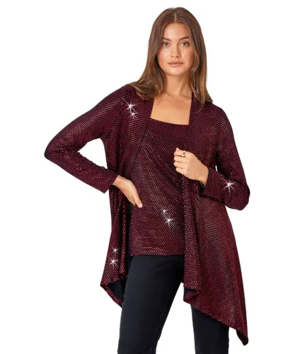 Roman Womens Sequin Sparkle Waterfall Stretch Jacket - Red