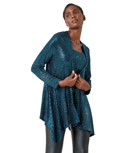 Roman Womens Sequin Sparkle Waterfall Stretch Jacket - Turquoise