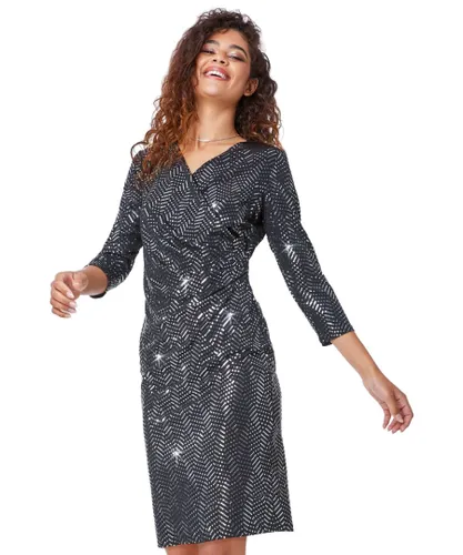 Roman Womens Sequin Spot Side Ruched Dress - Silver