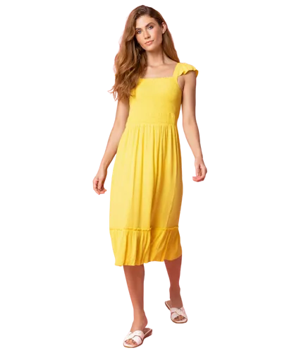 Roman Womens Shirred Bodice Frill Detail Midi Dress - Yellow