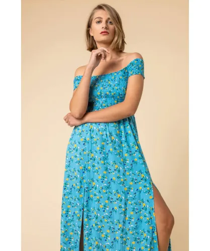 Roman Womens Shirred Ditsy Floral Print Bardot Dress - Blue