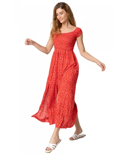 Roman Womens Shirred Ditsy Floral Print Bardot Dress - Red