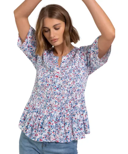 Roman Womens Shirred Floral Print Crinkle Top - Blue