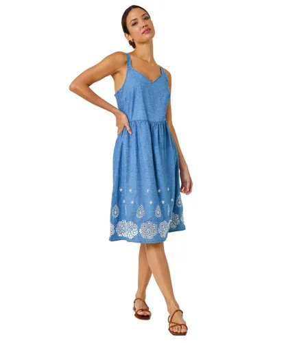 Roman Womens Sleeveless Cotton Embroidered Midi Dress - Blue