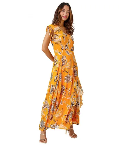Roman Womens Sleeveless Floral Frill Maxi Dress - Yellow