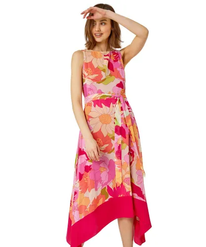 Roman Womens Sleeveless Floral Print Hanky Hem Dress - Pink