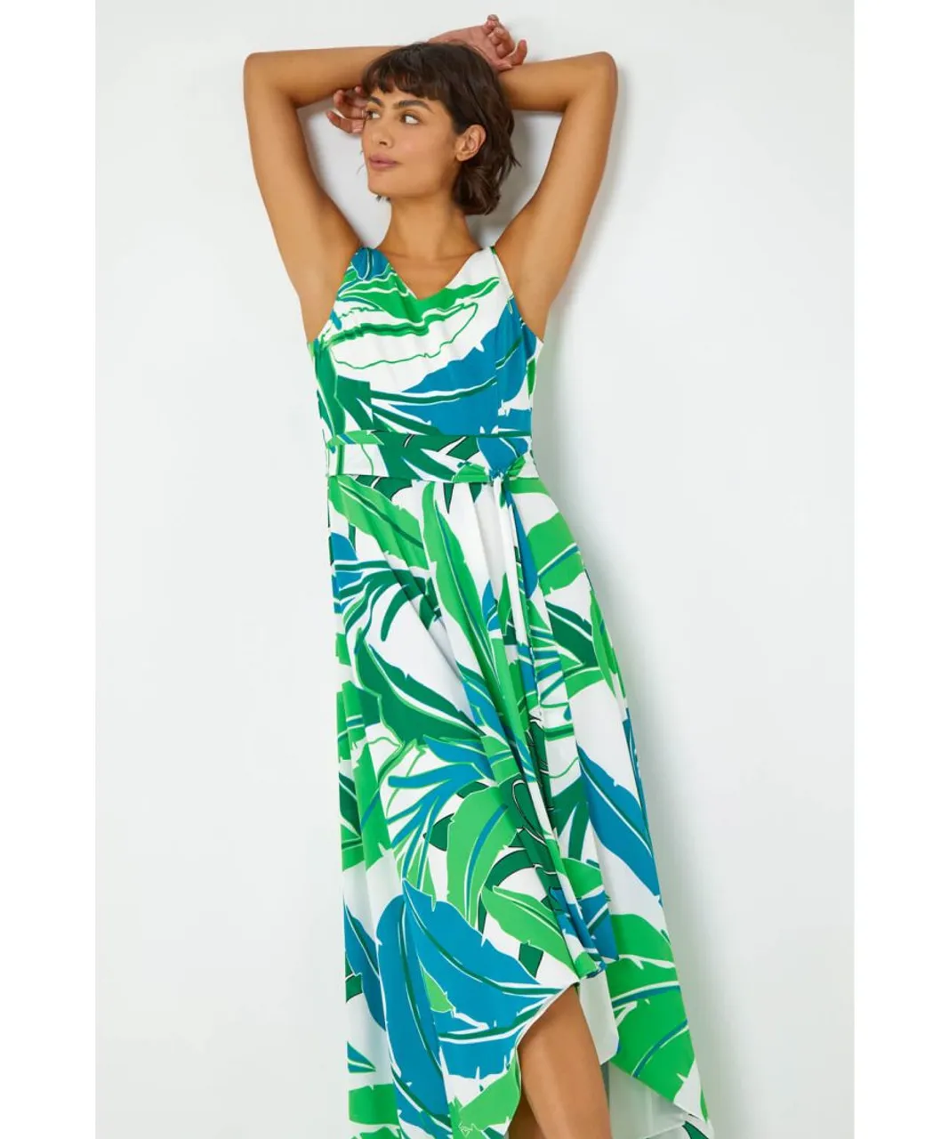 Roman Womens Sleeveless Palm Print High Low Maxi Dress - Green