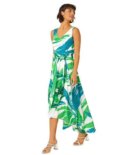 Roman Womens Sleeveless Palm Print High Low Maxi Dress - Green