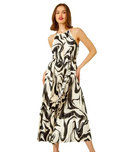 Roman Womens Sleeveless Swirl Print Pleated Midi Dress - Ivory