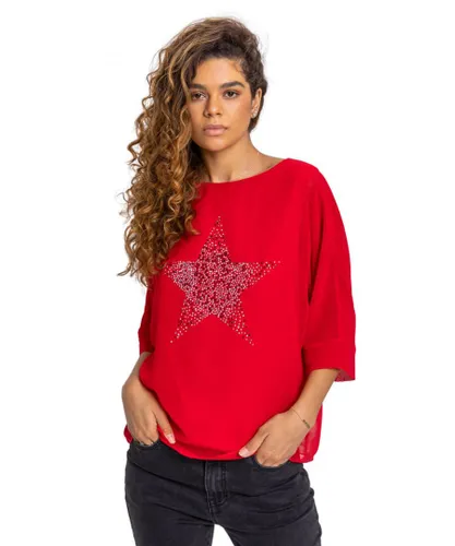 Roman Womens Star Embellished Chiffon Top - Red Faux Leather
