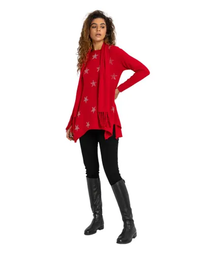 Roman Womens Star Print Knitted Tunic with Tassel Scarf - Red