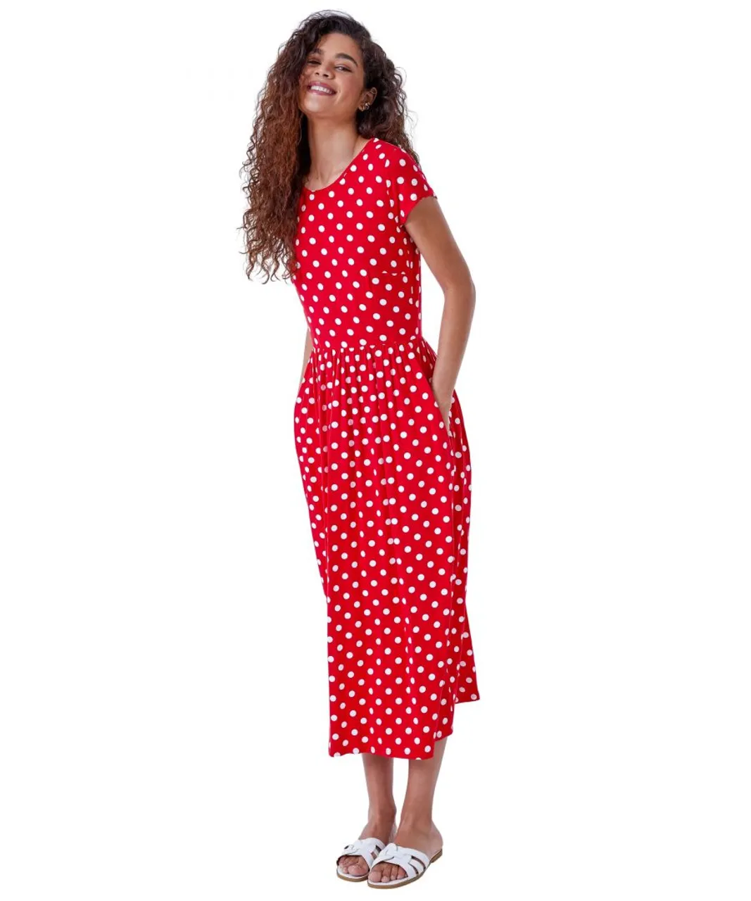 Roman Womens Stretch Jersey Spot Midi Dress - Red