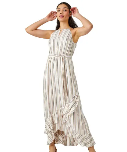 Roman Womens Stripe Print Frill Detail Maxi Dress - White