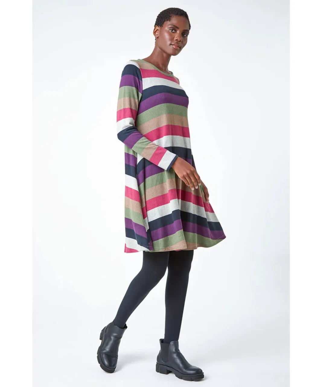 Roman Womens Stripe Print Swing Stretch Dress - Pink