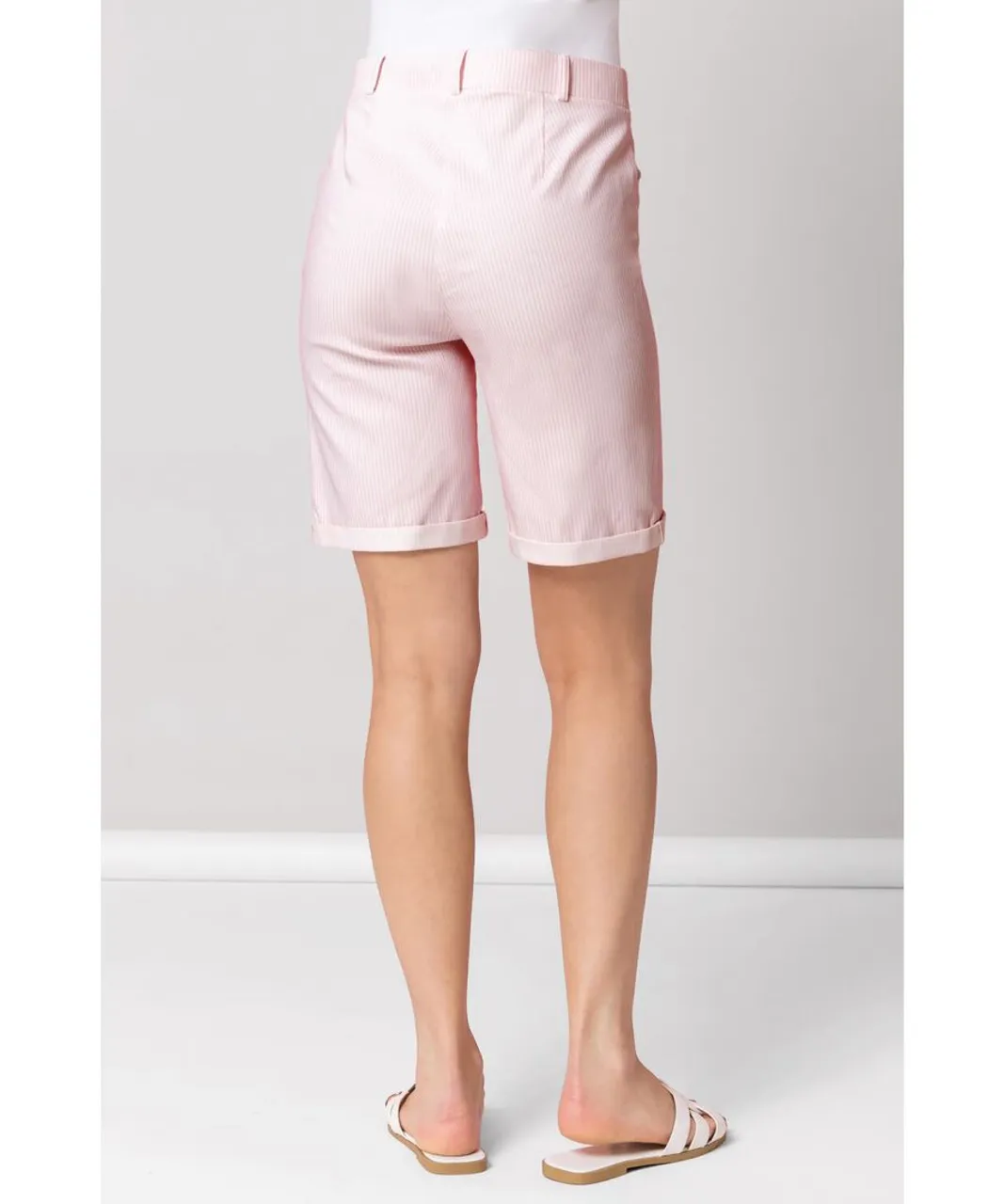 Roman Womens Stripe Print Turn Up Stretch Shorts - Pink Viscose