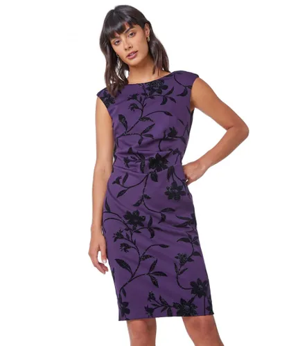 Roman Womens Textured Shimmer Floral Print Ruched Dress - Purple