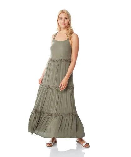 Roman Womens Tiered Lace Trim Maxi Dress - Khaki