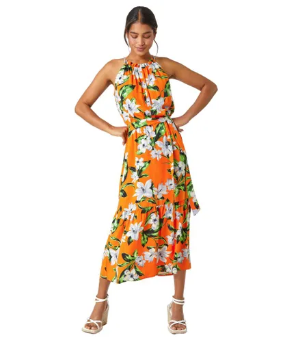 Roman Womens Tropical Floral Halterneck Tiered Dress - Orange