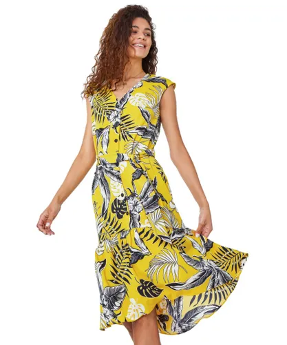 Roman Womens Tropical Print Dipped Hem Dress - Yellow