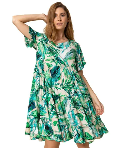 Roman Womens Tropical Print Tiered Pocket Dress - Green