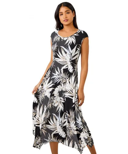 Roman Womens Tropical Stretch Hanky Hem Maxi Dress - Black