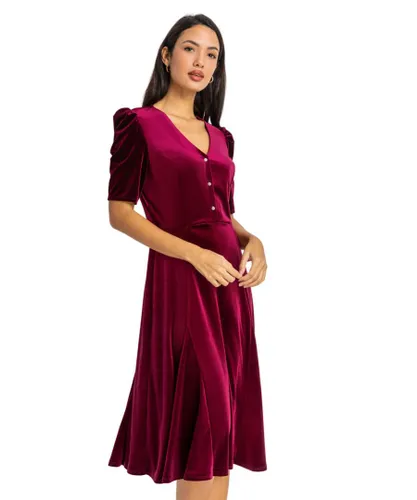 Roman Womens Velvet Button Detail Midi Dress - Wine