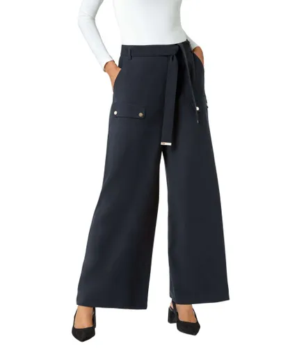 Roman Womens Wide Leg Belted Stretch Trousers - Black