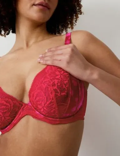 Rosie Womens Peony Silk & Lace Wired Plunge Bra (F-H) - 34GG - Red Mix, Red Mix