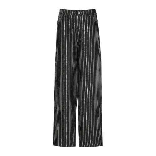 Rotate Birger Christensen , Black Cotton Twill Trousers with Striped Pattern ,Black female, Sizes: