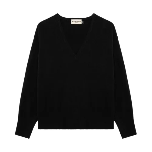 Roy Roger's , Black Sweaters with V-Neck and Ribbed Cuffs ,Black female, Sizes: