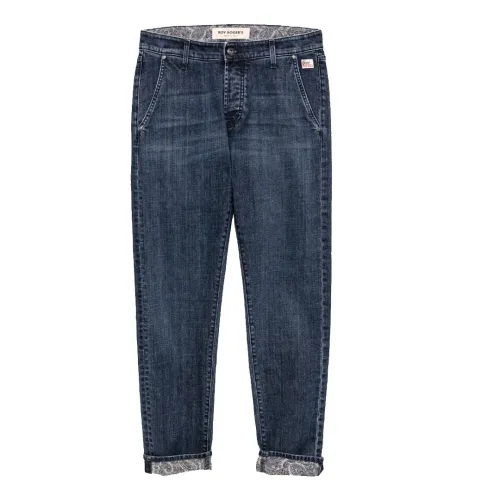 Roy Roger's , Dark Wash Denim Jeans with Cashmere Print ,Blue male, Sizes: