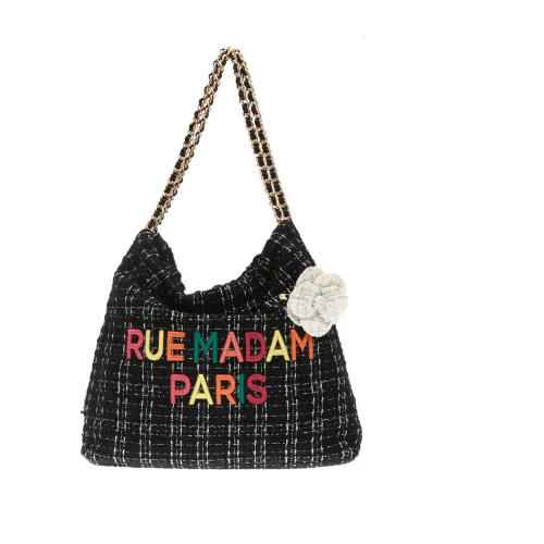 Rue Madam , Black Tweed Shoulder Bag with Chain ,Black female, Sizes: ONE SIZE