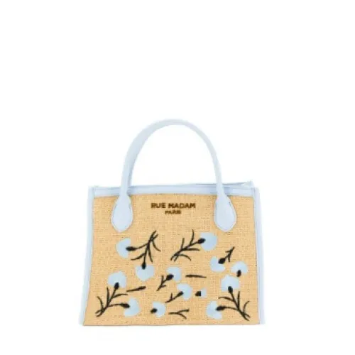 Rue Madam , Natural Rafia Bag with Blue Embroidered Flowers ,Yellow female, Sizes: ONE SIZE