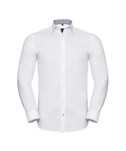 Russell Athletic Collection Mens Long Sleeve Contrast Herringbone Shirt (White/Silver)