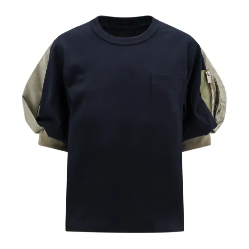 Sacai , Blue Ribbed T-Shirt with Zip Pocket ,Blue female, Sizes: