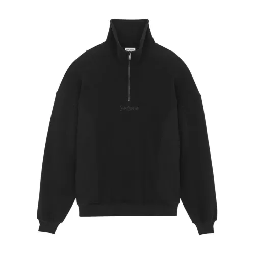 Saint Laurent , Black Brushed Cotton Sweatshirt with Half-Zip ,Black male, Sizes: