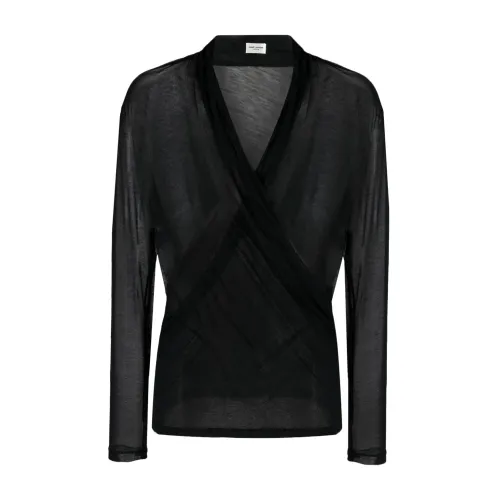 Saint Laurent , Black Cotton Jersey Top with Draped Front ,Black male, Sizes: