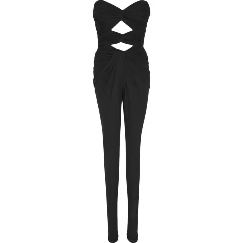 Saint Laurent , Black Crepe Jumpsuit with Heart Neckline and Cut-Out Fronts ,Black female, Sizes: