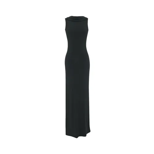Saint Laurent , Black Dress with Back Neckline and Lateral Slit ,Black female, Sizes:
