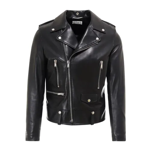 Saint Laurent , Black Leather Asymmetric Zip Jacket ,Black male, Sizes: