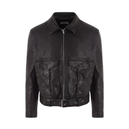 Saint Laurent , Black Leather Jacket with Classic Collar and Zip Closure ,Black male, Sizes:
