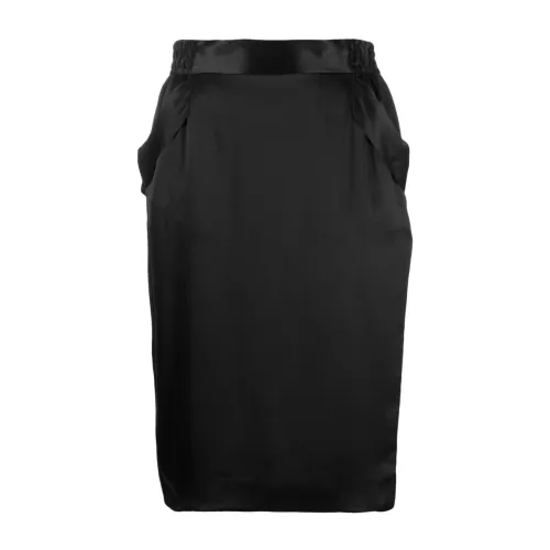 Saint Laurent , Black Satin Midi Skirt with Elastic Waistband and Back Slit ,Black female, Sizes: