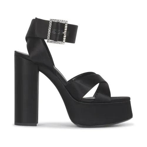 Saint Laurent , Black Satin Platform Sandals with Crossed Straps ,Black female, Sizes: