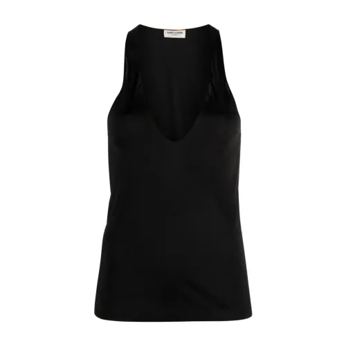 Saint Laurent , Black Semi-Sheer Jersey U-Neck Top ,Black female, Sizes: